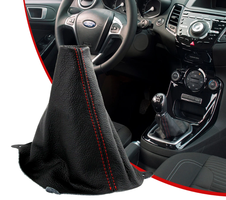 Coifa de Câmbio Fiesta ST MK7 Couro Preto Costura Vermelha