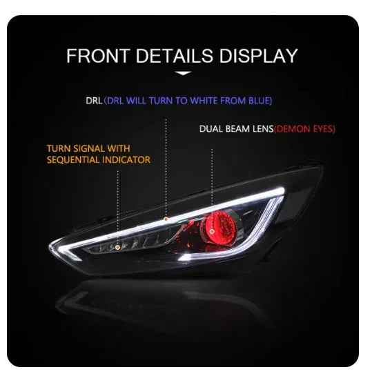 Luz de Carro LED Farol para Ford Focus 2015-2017 - Alta Qualidade com DRL Azul e Olhos de Demônio